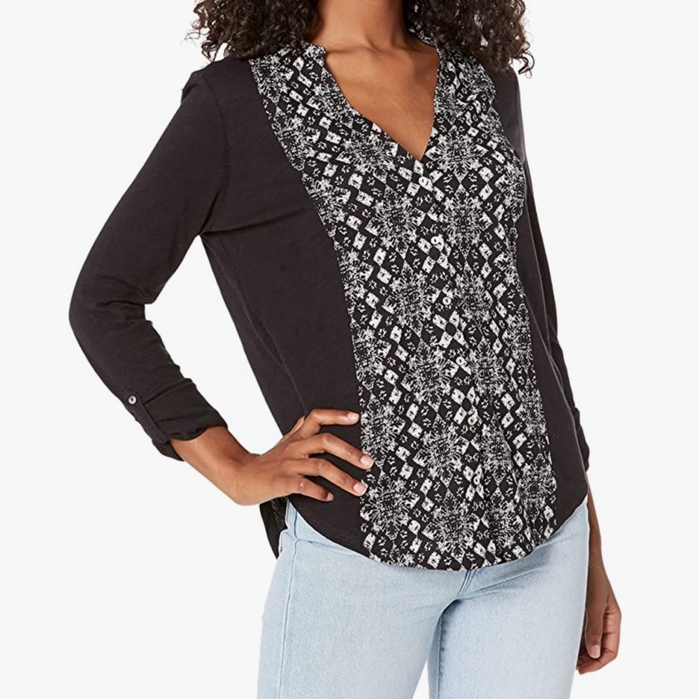 Lucky Brand Printed Bib Button Down Top S